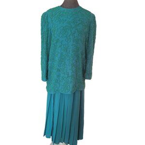Talbots Teal Pleated Skirt & Beaded Top Set Size 14